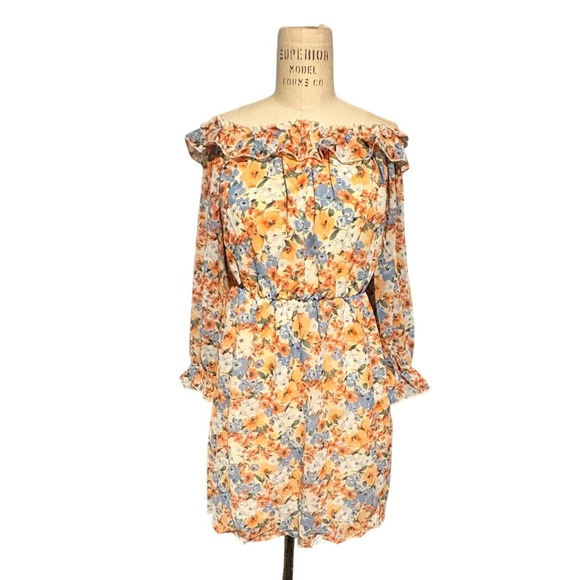 Micas Dresses & Skirts - NWT Women M Floral Off The Shoulder Ruffle Mini Dress Orange Blue Easter Wedding